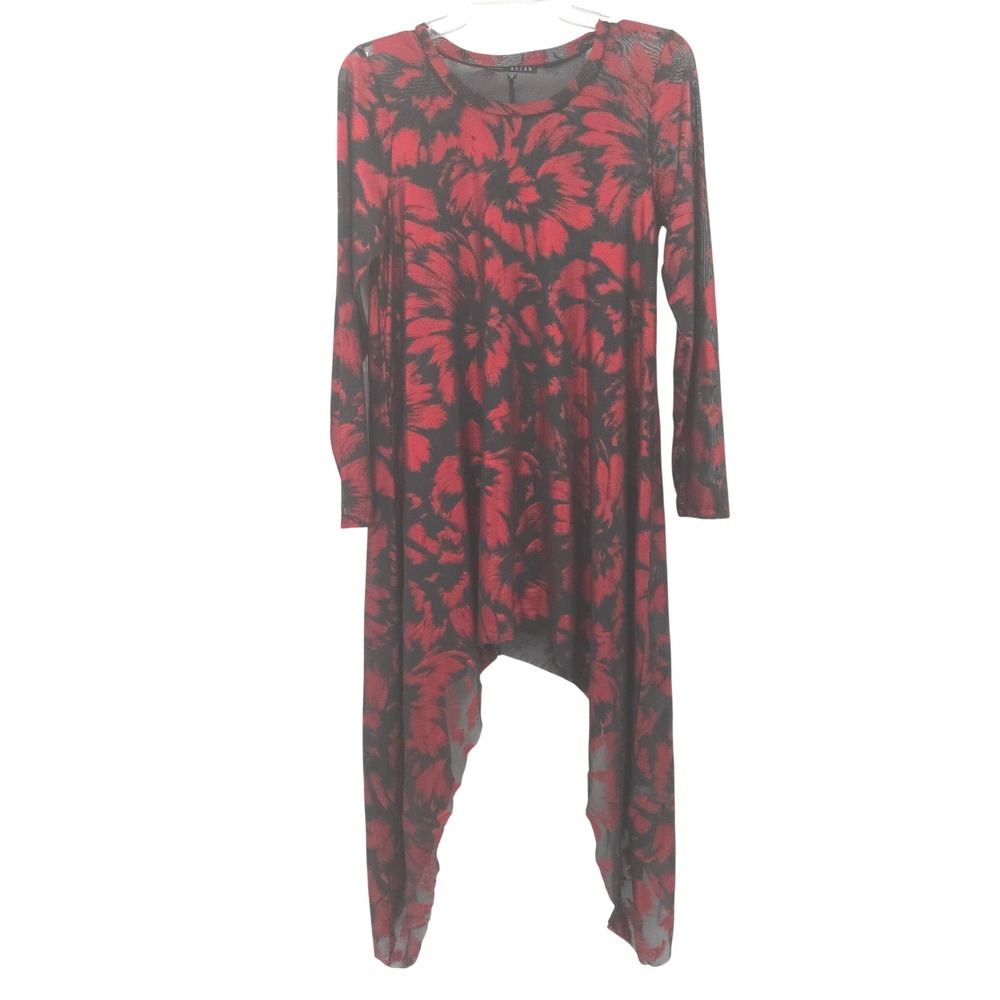 Kozan Mandy Floral Mesh Tunic Top Women Size S Red Black Lagenlook Art-to-wear